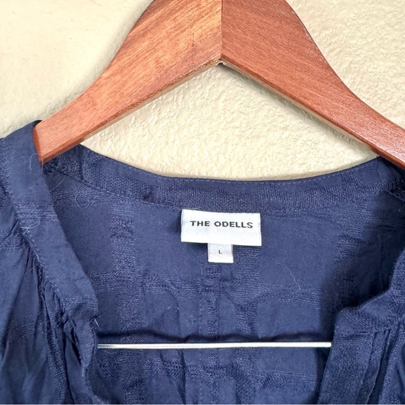 Anthropologie The Odells Textured Grid V Neck Long Sleeve Blouse Navy Blue Large - Picture 3 of 7